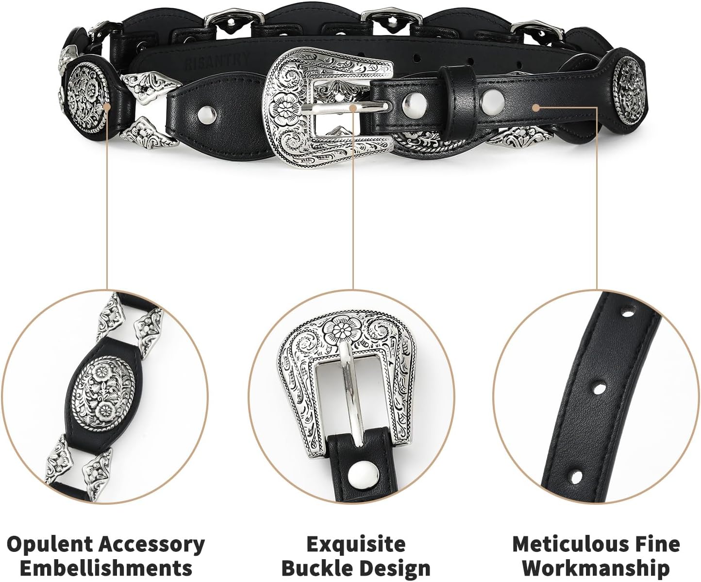 Black Concho Belt for Women Trendy Western Belt with Silver Buckle Retro Waist Belt for Casual Dressy Wear - Image 4