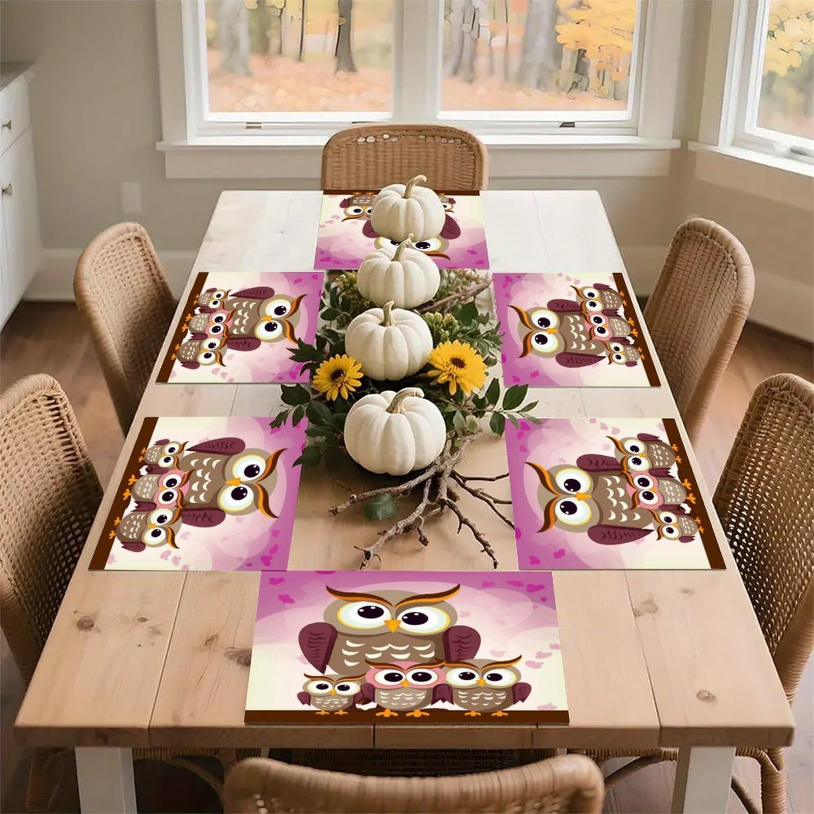 Owls Family Placemats Wipeable Heat Resistant Table Mats Washable Flax Place Mats Elegant Cloth Non-Slip Placemat for Kitchen Dinning Party Table Decor 12 * 18 in