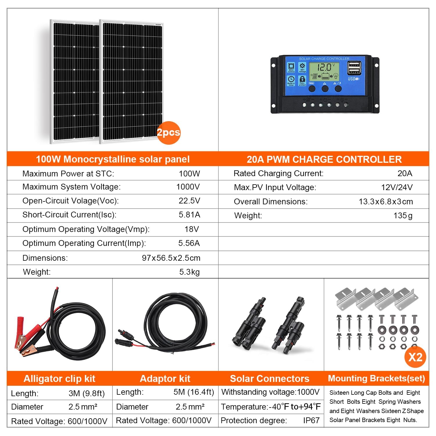 DOKIO Solarpanel 100W 2PC (200W) 18V Monokristallin(Hohe Leistung) Für 12V Kfz Batterie, AGM, Gelbatterie ideal für Wohnmobil, Camping, Gartenhaus