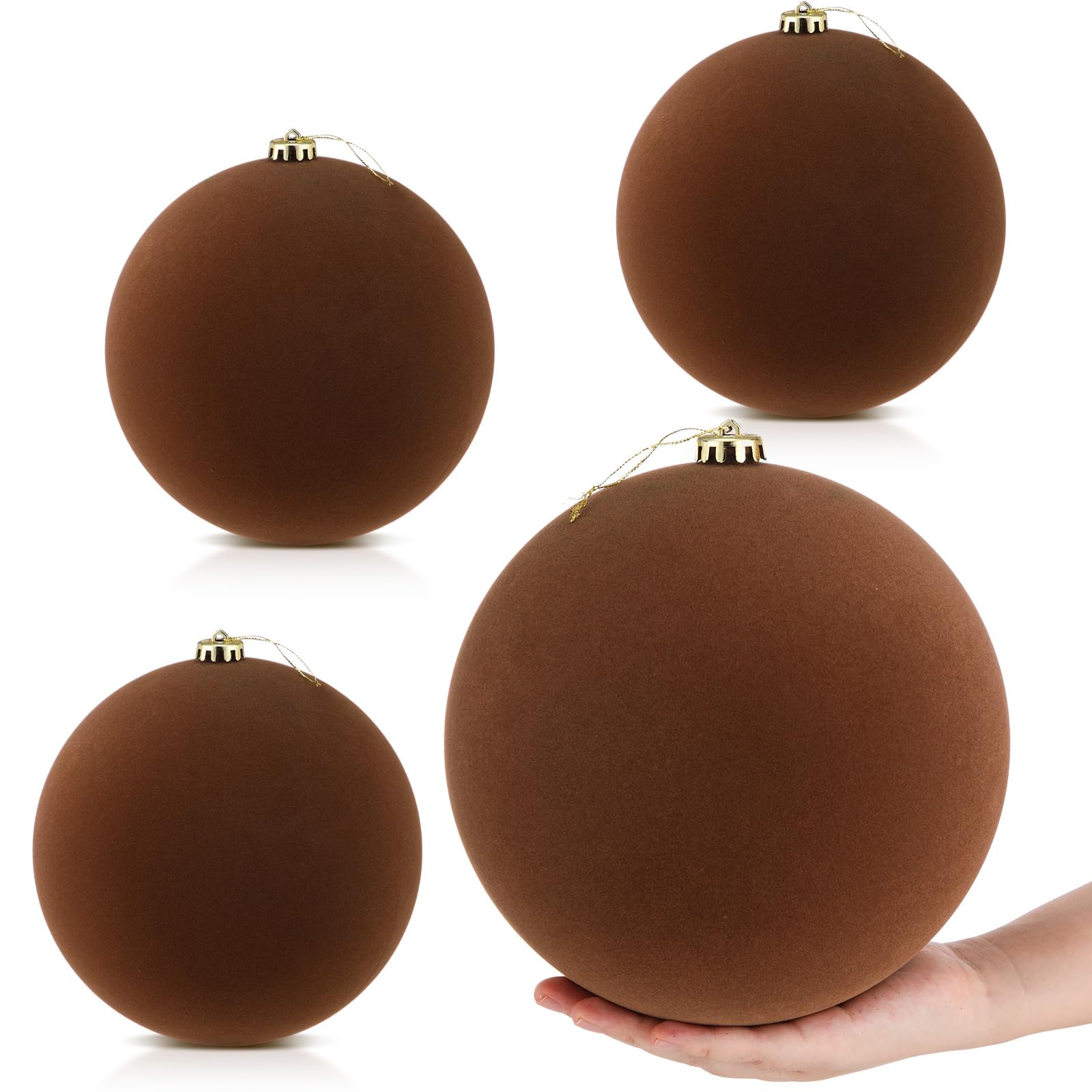 Hollowfly 4 esferas de terciopelo de 8 pulgadas, grandes esferas de adorno para árbol de Navidad, bolas de adorno para colgar en el árbol de Navidad (caqui)