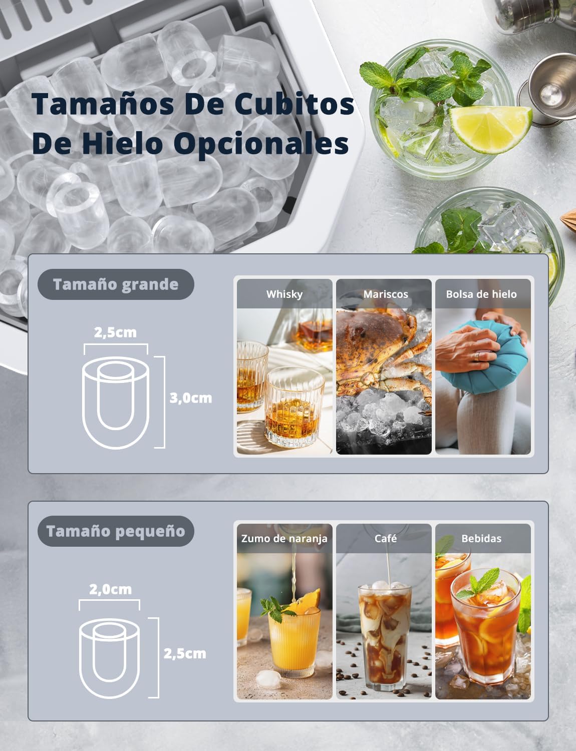 Suinga Máquinas para Hacer Hielo, Maquina de Hielo Portátil y Autolimpiante con Mango, Equipado con Hielo Pala de Puede Colocar Boca Abajo, 8 Cubitos Hielo Tipo Balas/6-8 Minutos, 12Kg/24h
