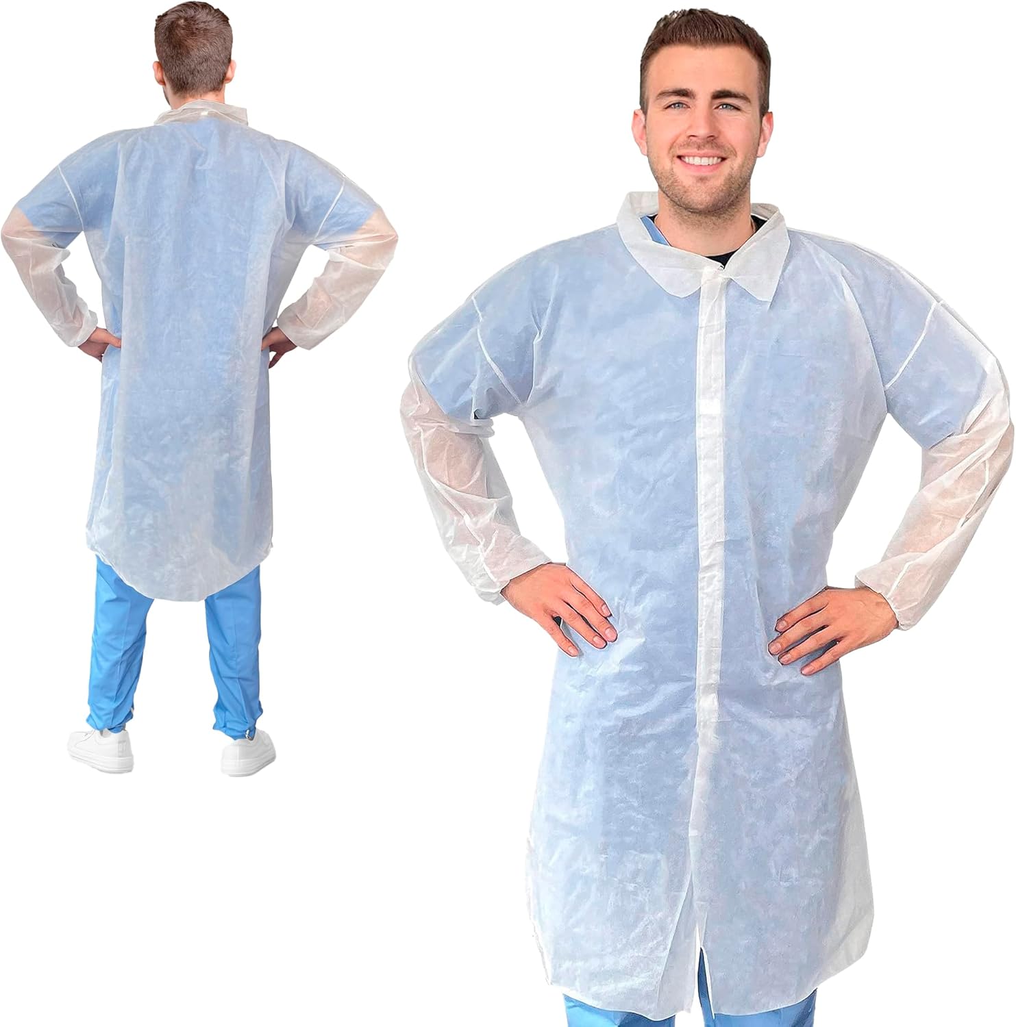 White Disposable Lab Coats for Adults, Medium. Pack of 30 Medical PPE Disposable Clothing. Polypropylene 40 GSM Knee Length Lab Coat with Elastic Wrists, Folded Collar, No Pockets