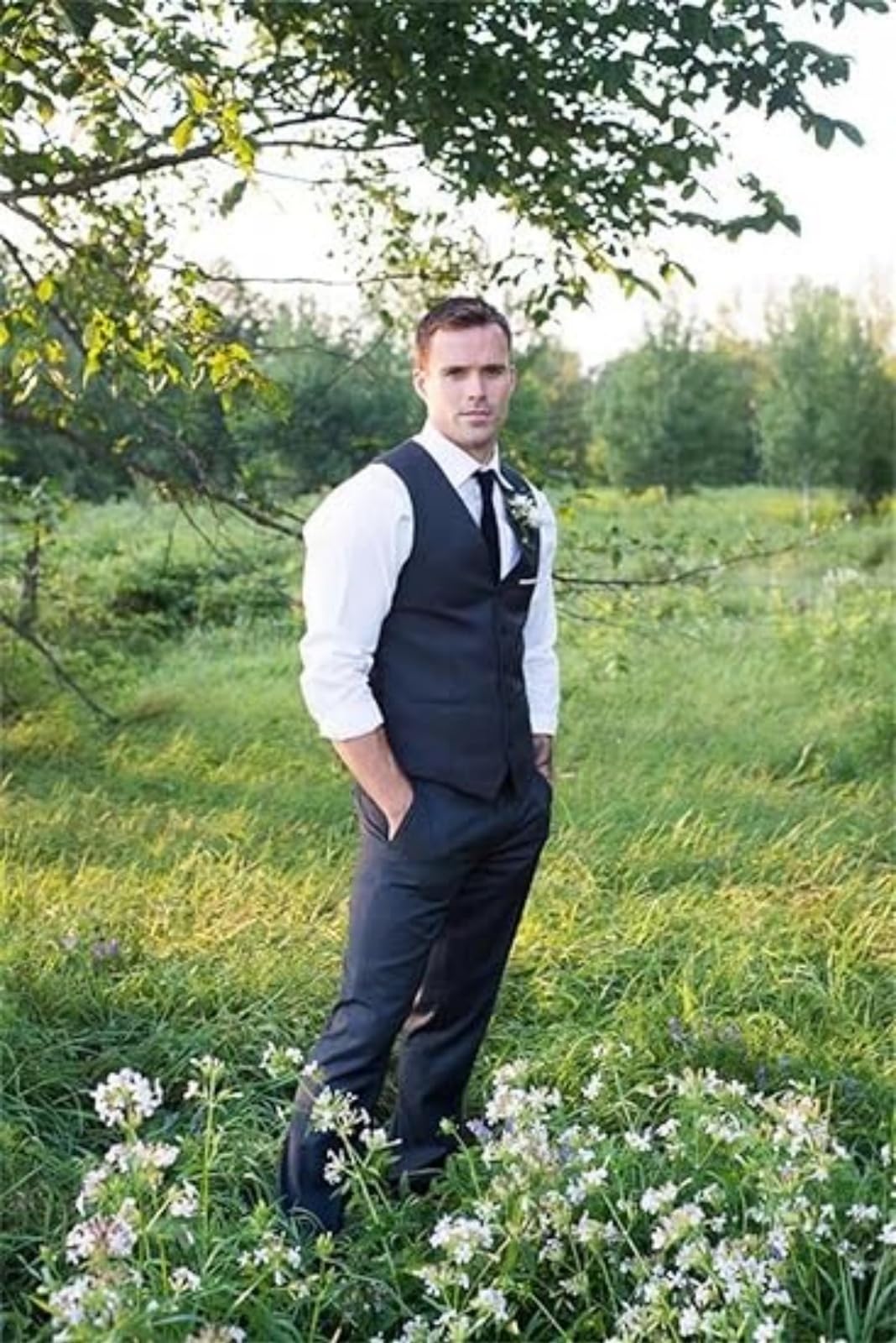 TSxuelian Męska lniana kamizelka i spodnie 2-częściowy garnitur slim fit ślub drużbów letnia kamizelka zestaw spodni