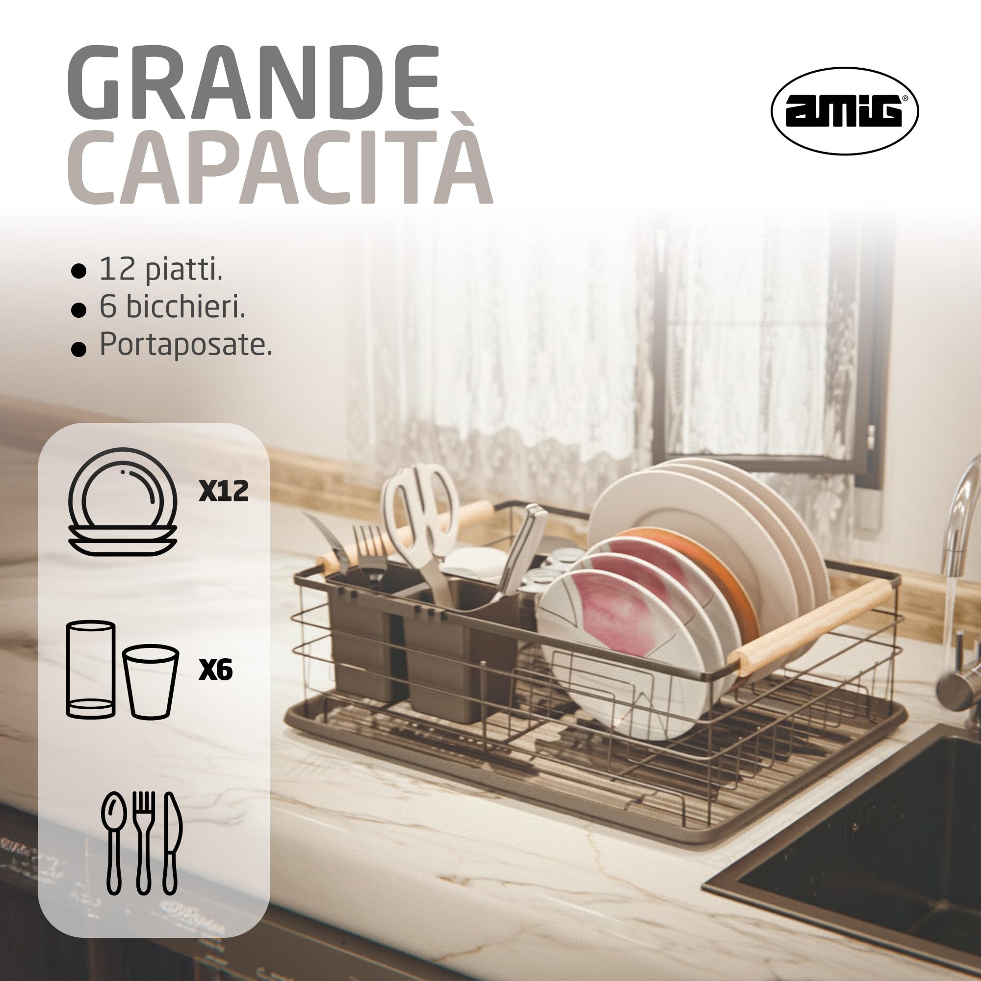 Amig - Scolapiatti Graz - 42 x 31,5 x 15 cm - Acciaio con Manico in Legno - Colore Nero - Scolapiatti con Vassoio di Sgocciolamento e Supporto per Posate - Capacità per 10 Piatti e 6 Bicchieri