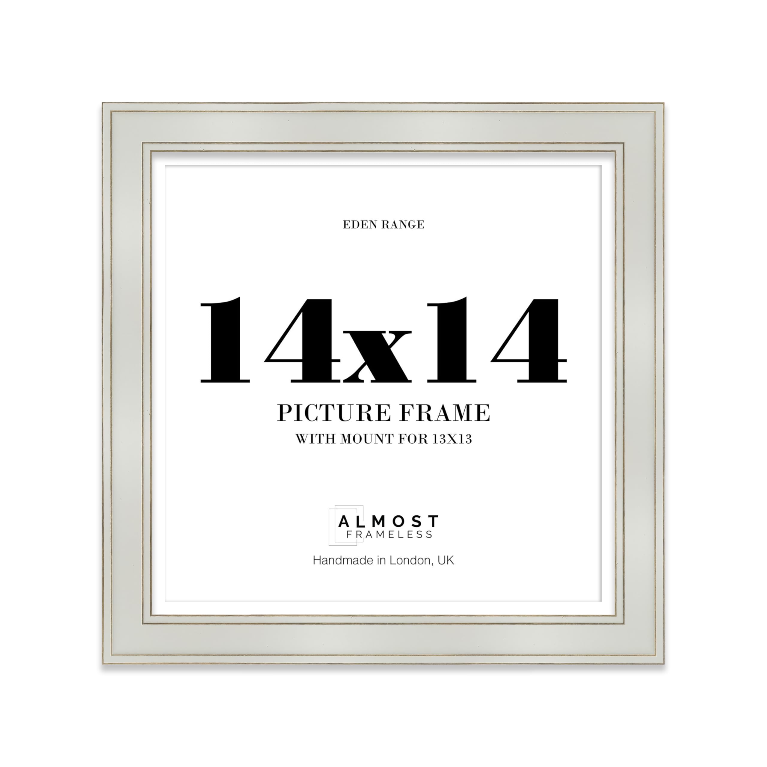 14x14" Light Grey Square Picture Frame with 13x13" Mount - Shabby Chic Photo Frame with Distressed Finish, Gold Trim, Wall Hooks, 37mm Edge - 1 Pack