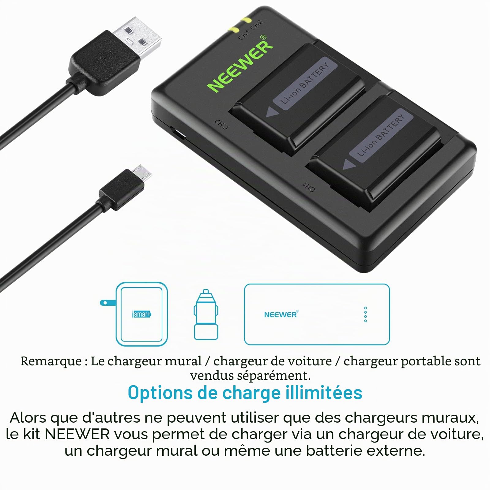 Neewer NP-FW50 Chargeur de Batterie pour Appareil Photo Compatible avec Sony A6000, A6500, A6300, A6400, A7, A7II, A7RII, A7SII, A7S, A7S2, A7R, A7R2, A55, etc. (2 Batteries, Micro USB Port, 1100mAh)