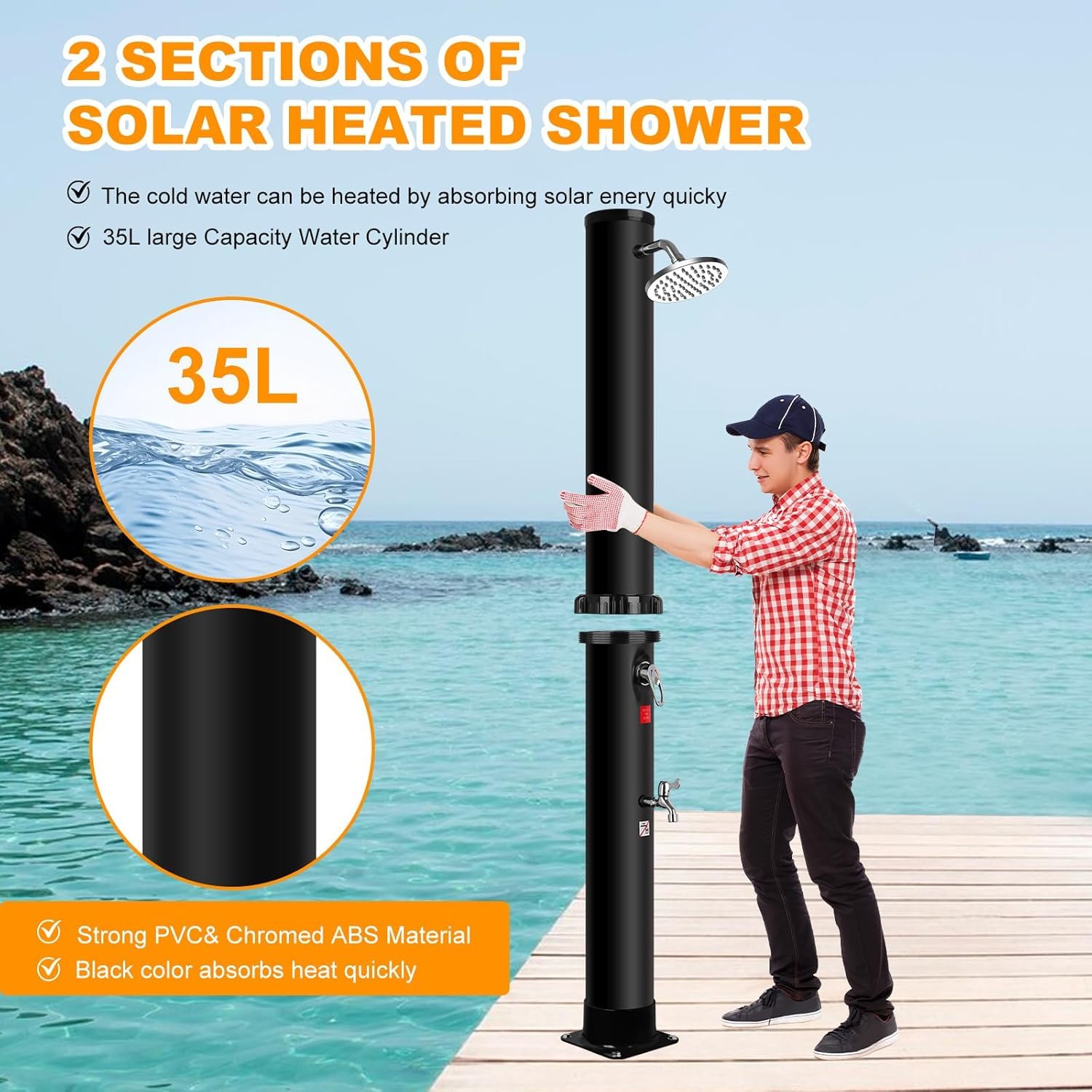 Solardusche 35 Liter, Gartendusche Solar mit Schutzhülle, 360° Regenduschkopf, Fußdusche, Mischbatterie, Gartenschlauchanschluss, Pooldusche für Garten, Pool und Terrasse, Schwarz