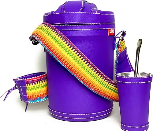 Kit Yerba Mate Tereré Luk Termos, Artesanía Paraguaya Lila Faja | Set Tereré Termo + Bombilla + Vaso guampa