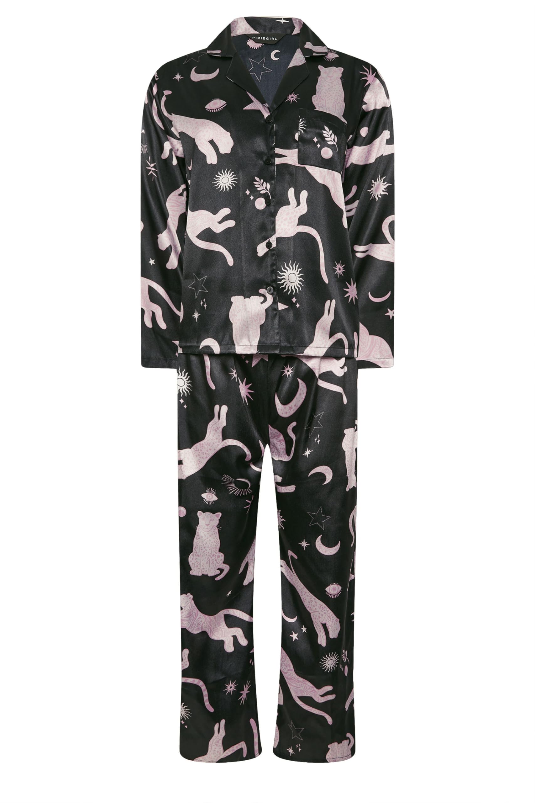 Pixiegirl Women's Black Petite Graphic Satin Button Pyjama Set Petite