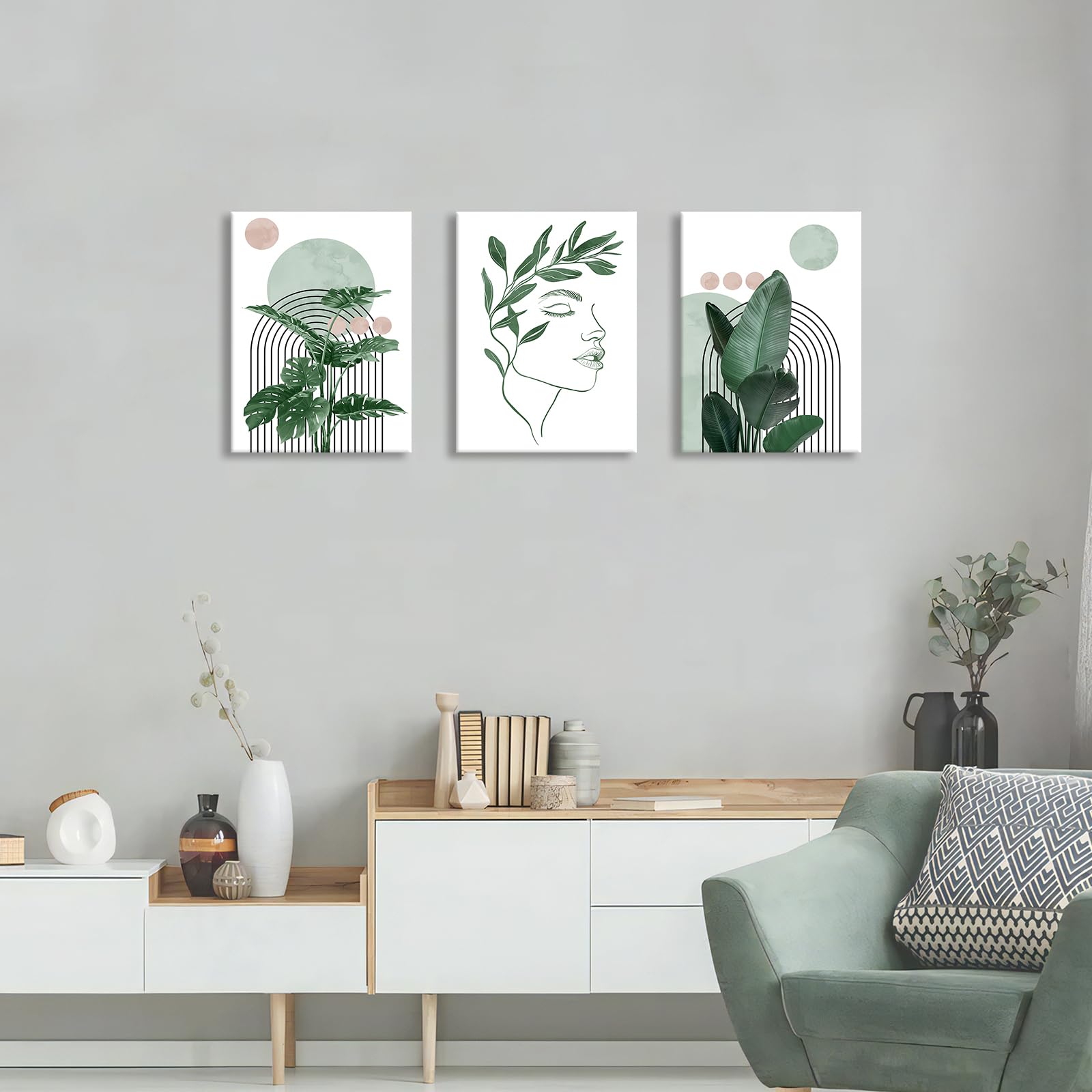 3 Pcs Wooden Framed Canvas Wall Art Set Bohemian Sage Green Canvas Prints Poster Geometric Line Beige Green Pictures for Living Room Bedroom Dinning Room Hallway Stairs Wall Decor 30x40cm x3pcs — view 166