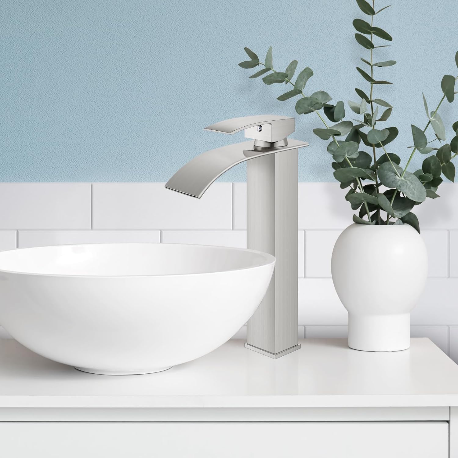 gotonovo Waterfall Tall Bathroom Faucet Single Handle Bathroom Faucets for Sink 1 Hole Stainless Steel Vessel Sink Faucet Modern Mixer Tap Wash Basin Faucet with Pop Up Drain, Brushed Nickel - Image 8