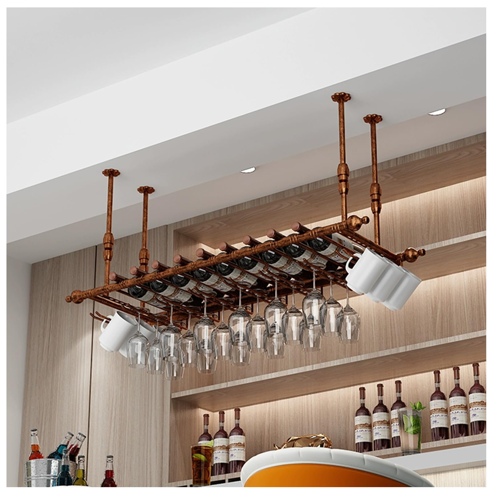 Portabottiglie da parete regolabile e porta attrezzi per capelli, in metallo, salvaspazio, per la casa, soluzione elegante per riporre vino e accessori di bellezza
