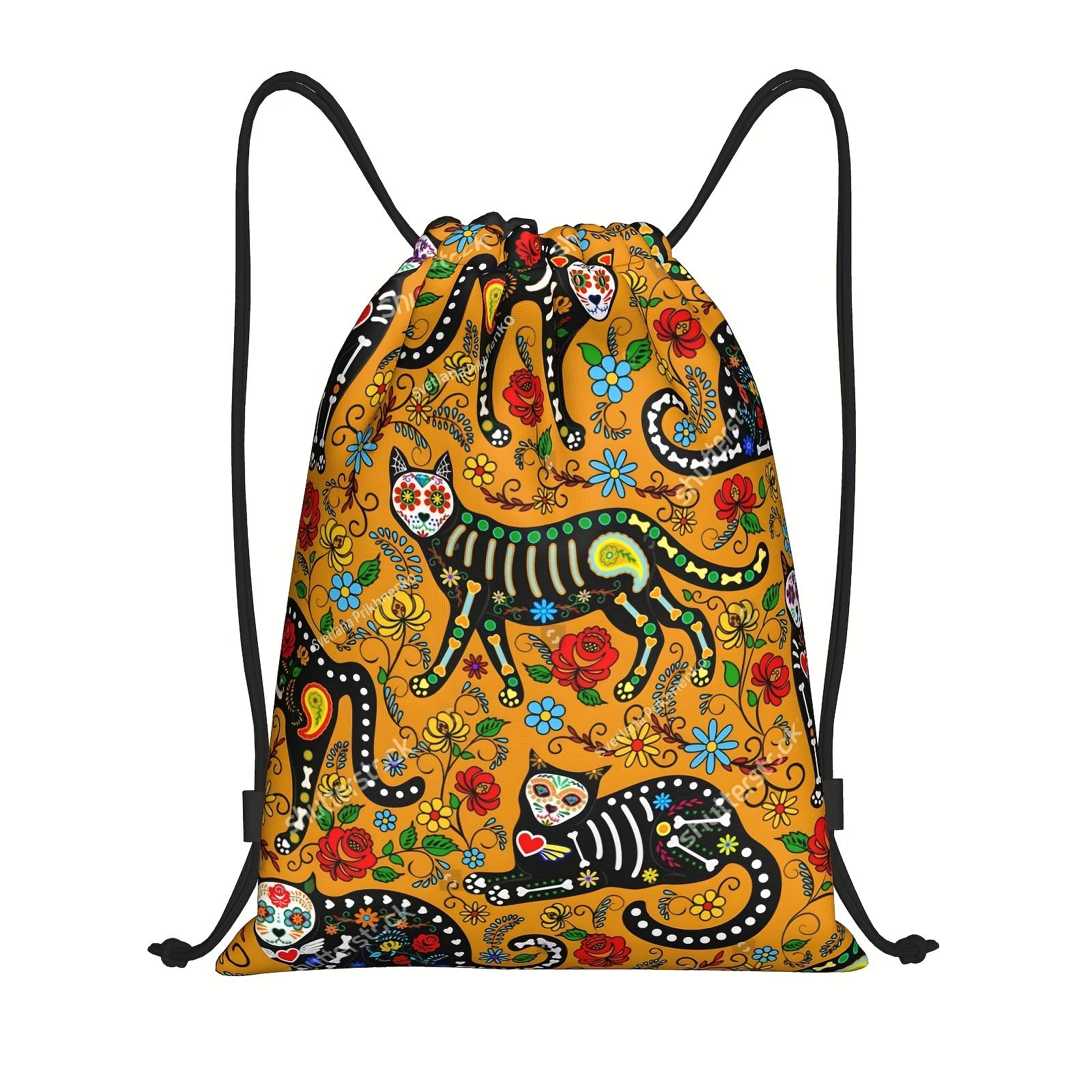 Richugui 3D Print Drawstring Backpack Cat Drawstring Backpack Sugar Skull Black Cats Mexican Style Pattern Animals String Bag Sackpack