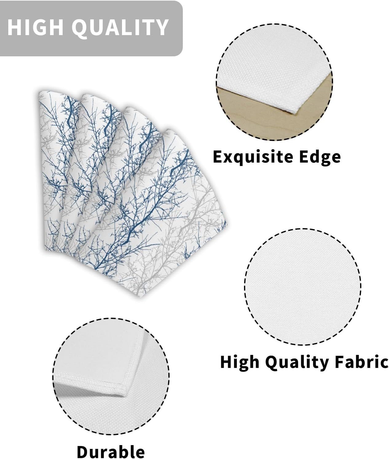Round Table Placemats Set of 6 Navy Blue Grey Tree Branch Wedge Shaped Placemats Non-Slip Heat Insulation Table Mats Durable Wipeable Placemats for Round Tables Party Decor