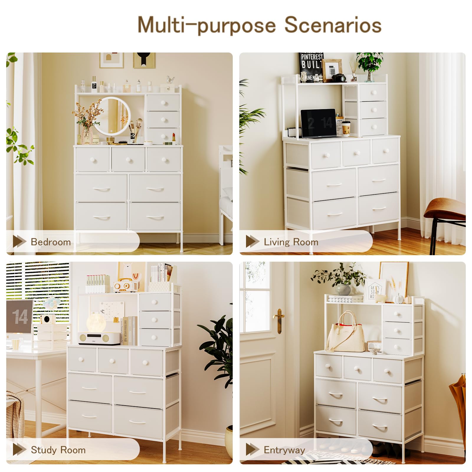 Weiße Kommode für Schlafzimmer, 10 Schubladen, Kommode mit großem Fassungsvermögen, 80 cm breiter Schminktisch, Mehrzweck-Kommode aus Stoff, Aufbewahrungs-Organizer-Einheit, 80 x 35 x 120,5