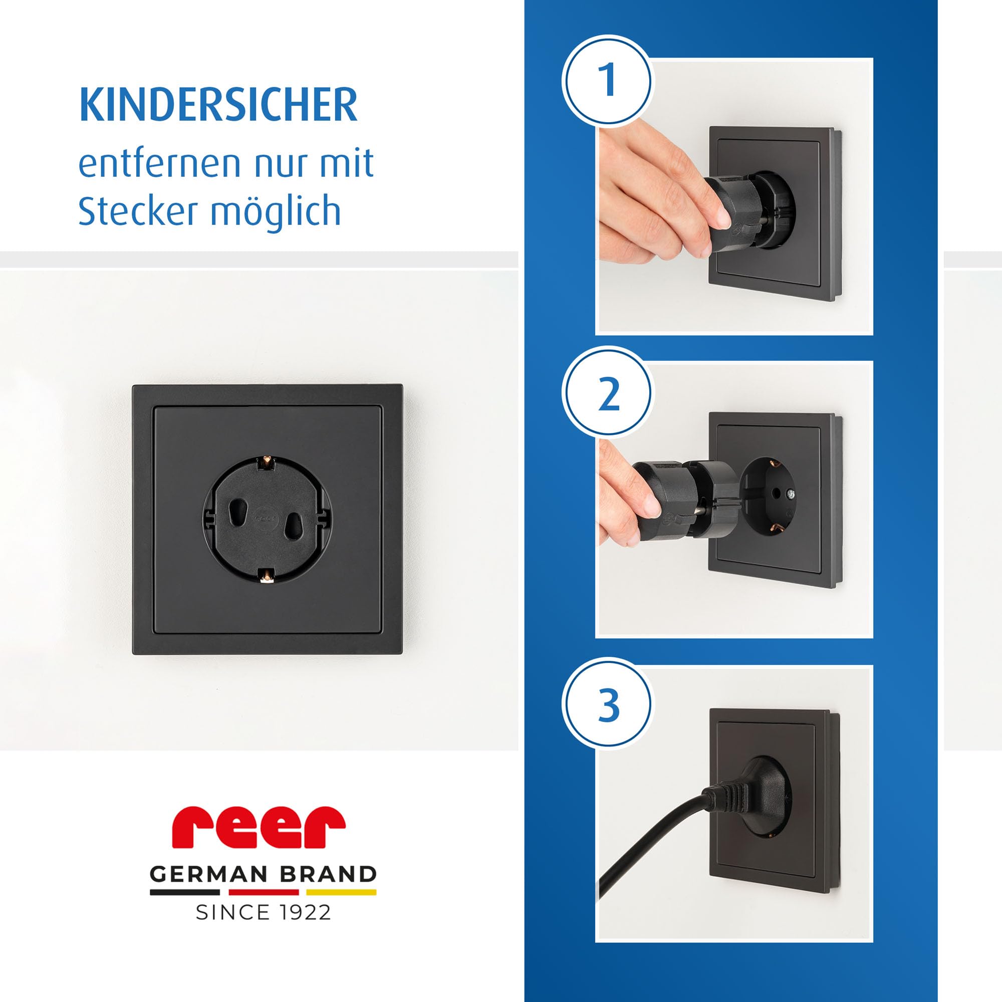 reer Steckdosenkappe, das Original vom Erfinder des Steckdosen-Schutzes, schwarz, 5 Stück