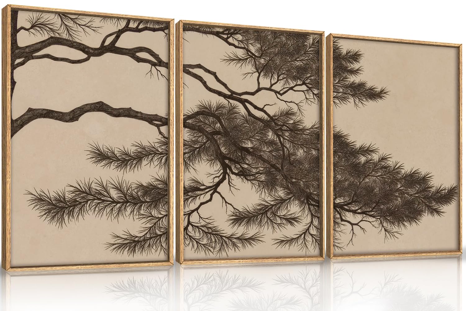 LHIUEM Large Vintage Pine Tree Branch Framed Canvas Wall Art,Sketch Botanical Wall Decor,Nature Plant Artwork,Brown Antique Etching Art Prints for