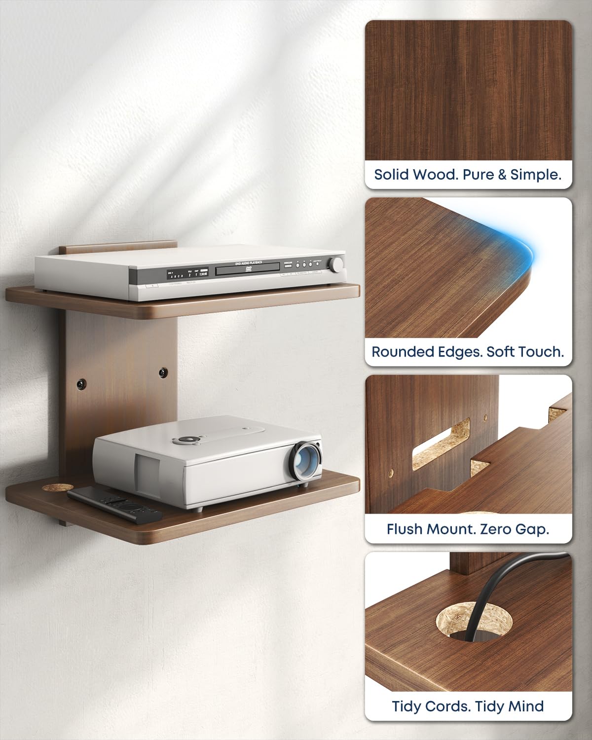 Mensola murale flottante 2 livelli per proiettore, Noce Brun | Legno massello, gestione cavi, 10 kg per mensola, versatile, facile montaggio a muro