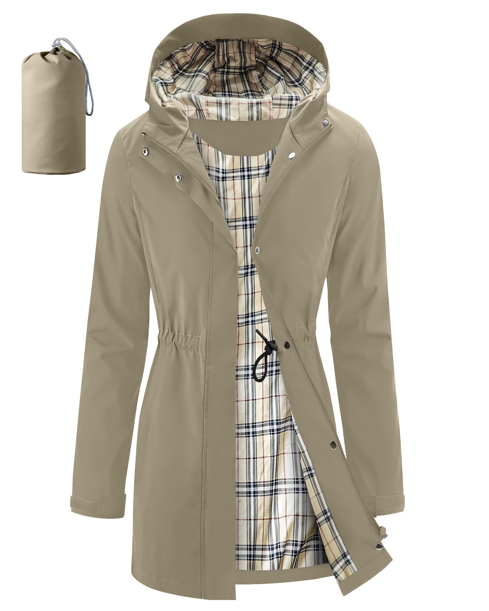 iCreek Womens Rain Jacket Packable Long Raincoat Hooded Plaid Lined Trench Coat Waterproof Windproof Lightweight for Outdoor