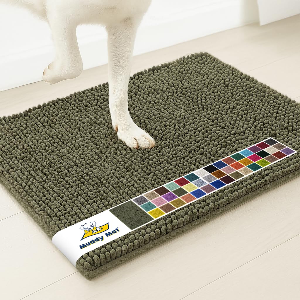 Muddy Mat® | Super Water Absorbent Door Mat Indoor, Microfiber Quick Dry Chenille Entryway Rug, Slip Resistant Front Door Mat, Indoor Mats for Entryway, Machine Washable Pet Rug, Army Green 24"x36"