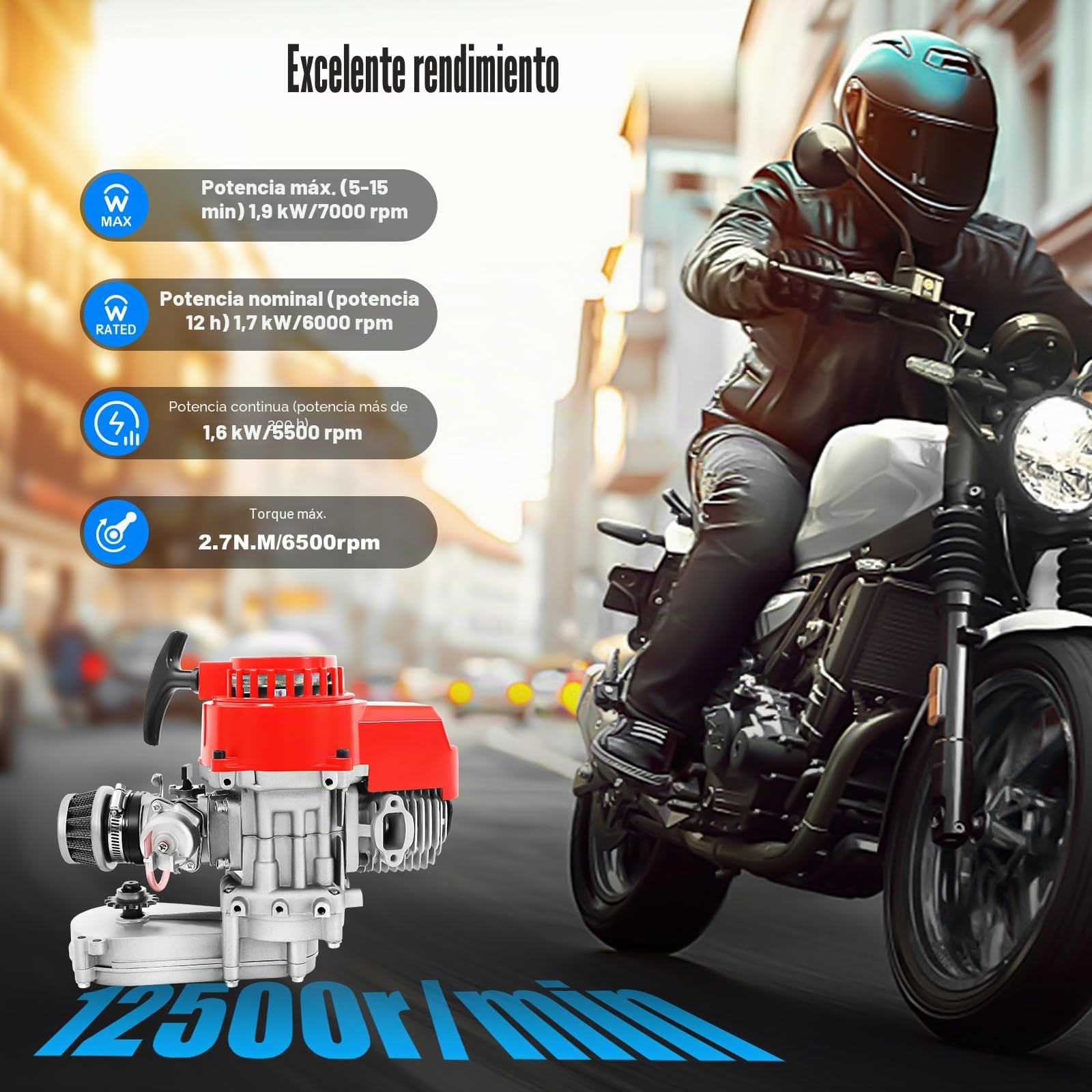 Pocket Bike Motor 49 ccm Motor de 2 tiempos 44 mm de orificio, Pocket Quad Motor L7TC bujías tamaño mini motor de gasolina motor de gasolina con asas y cable de acelerador, motores de pocketbike