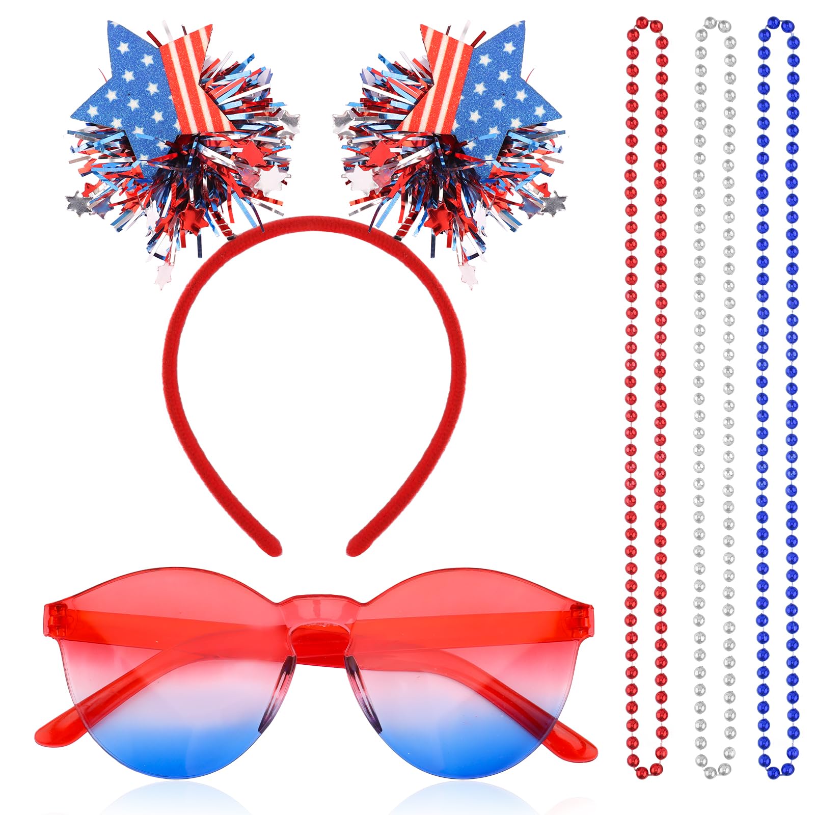 FASOTY 4th of July Headband for Women Girls, Patriotic Headband Sunglasses & Necklaces Set, Red White Blue Hair Accessories for Memorial Day, Labor Day
