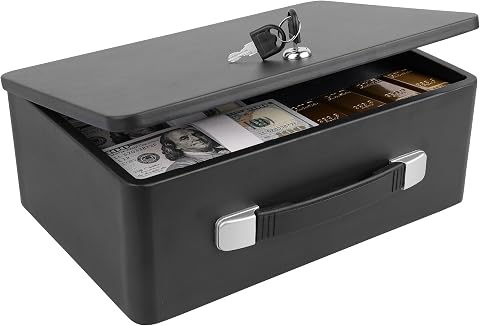 Fireproof Document Box with Key Lock, Portable Metal Safe with Carrying Handle, 12.7 x 8.7 x 4.6 Inches