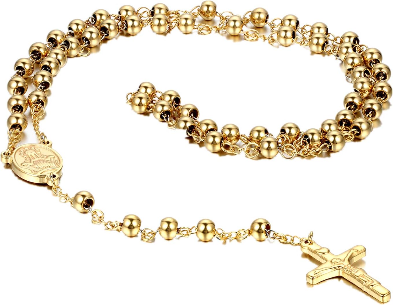 Flongo Mens Women Vintage Stainless Steel 6mm Beads Gold Jesus Christ Crucifix Cross Rosary Pendant Necklace, 30 inch