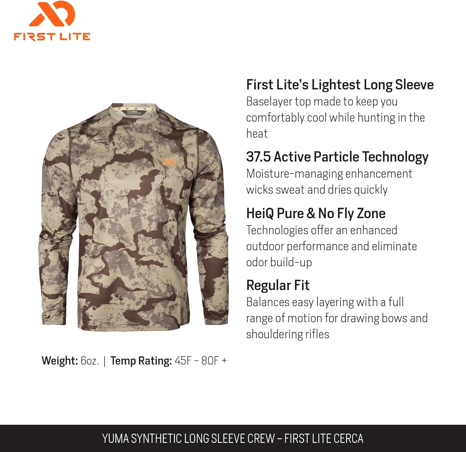 First Lite Men's Yuma Synthetic Long Sleeve Crew - Breathable Ultralight Camo Hunting Baselayer