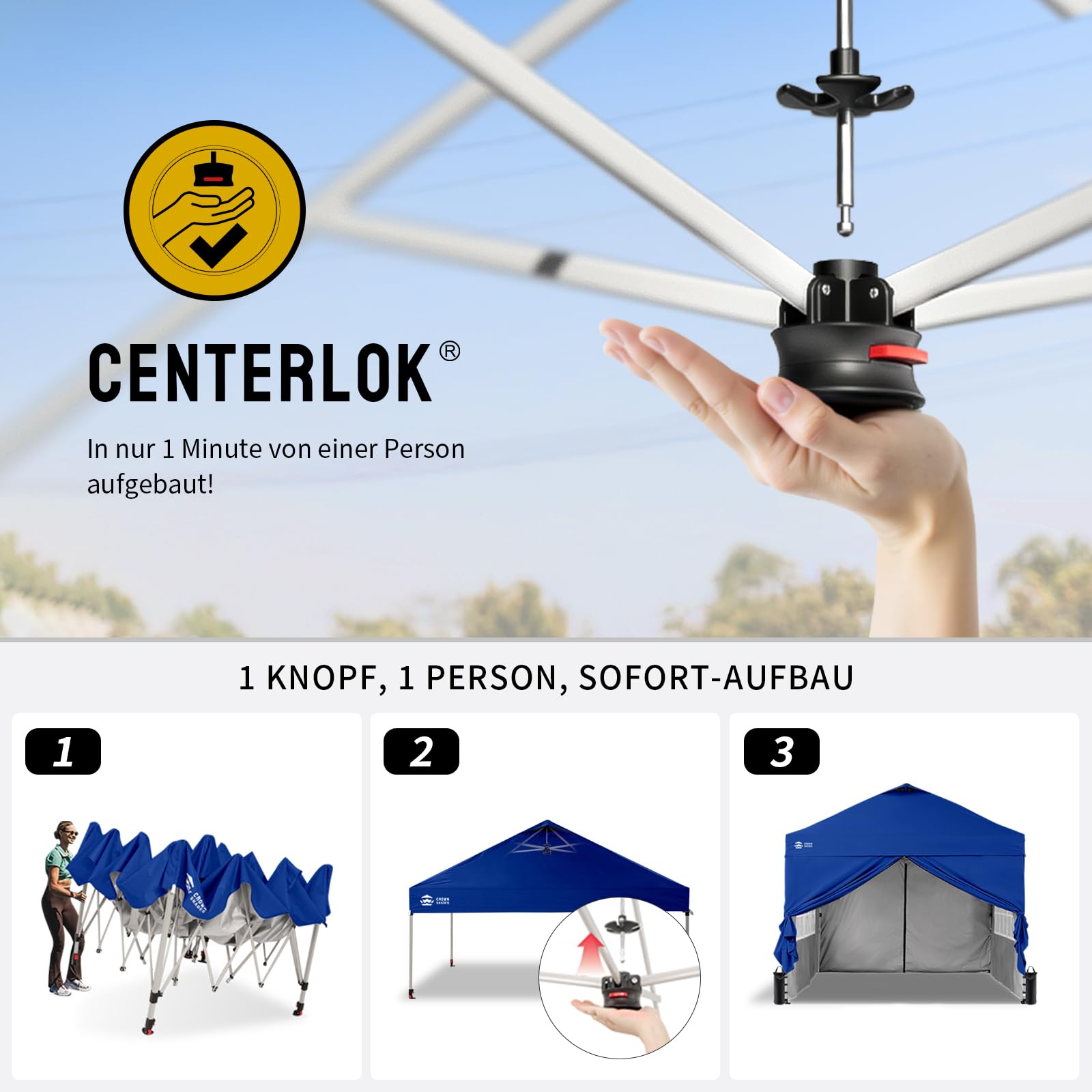 CROWN SHADES Pavillon 3x3 Wasserdicht Stabil Winterfest mit 4 Seitenteilen, Pop up Gartenpavillon UV Schutz 50+, Partyzelt Für Outdoor Camping, 3-Fach Höhenverstellbar, Pavillion mit Tragetasche