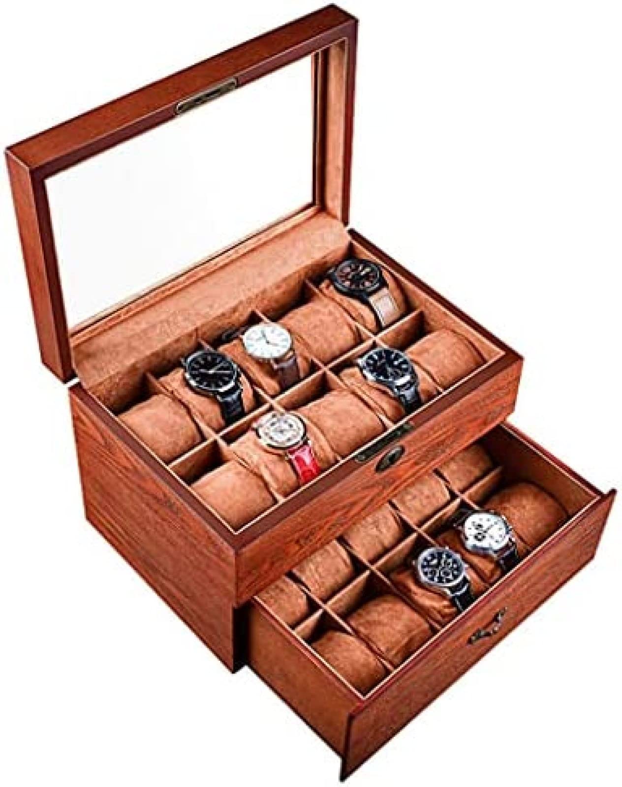 YNBSHGAA 20-slot Wooden Watch Storage Box Glass Lid Large-capacity Watch Box With Lock Mechanical Watch Storage Box Birthday Gift For Friends,Brown,30×20.3×19.5cm