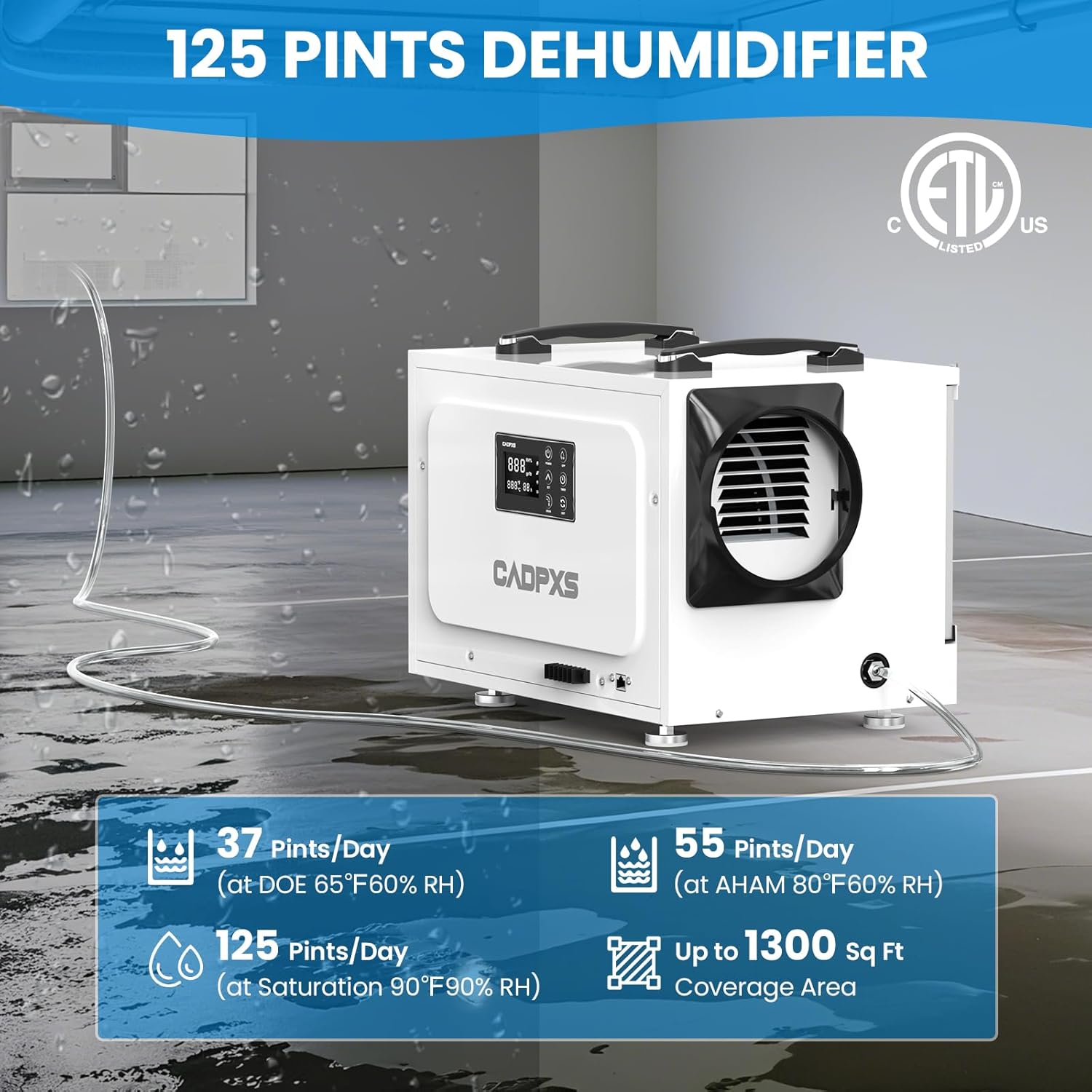 CADPXS Crawl Space Dehumidifier with Pump 125 Pint + Remote Controller Bundle, Auto Defrost Commercial Crawlspace Dehumidifier for Basement