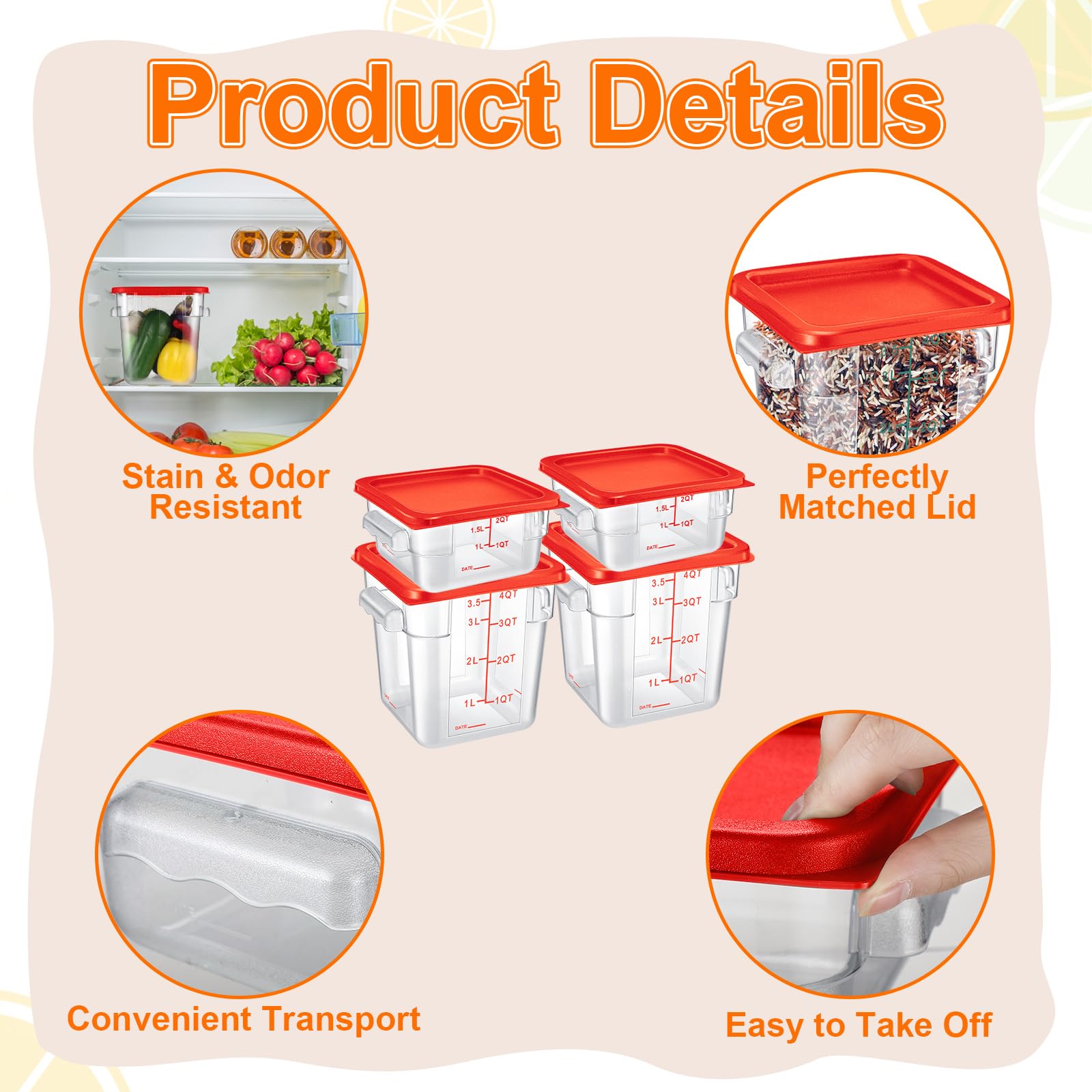 Suclain Juego de 8 recipientes de almacenamiento y almacenaje de alimentos con tapas de 2 cuartos y 4 cuartos cuadrados transparentes con asas de báscula para el hogar, restaurante, cocina