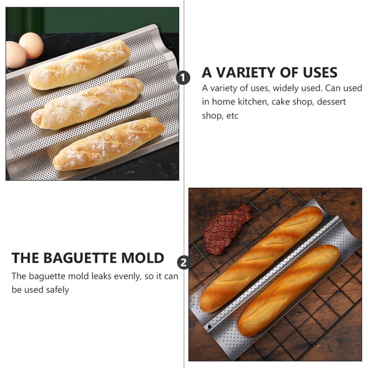 Molde para Hornear Pan Francés Superficie Lisa y Fácil de Limpiar 2 Piezas Antiadherente de Acero Inoxidable para Panadería y Pastelería