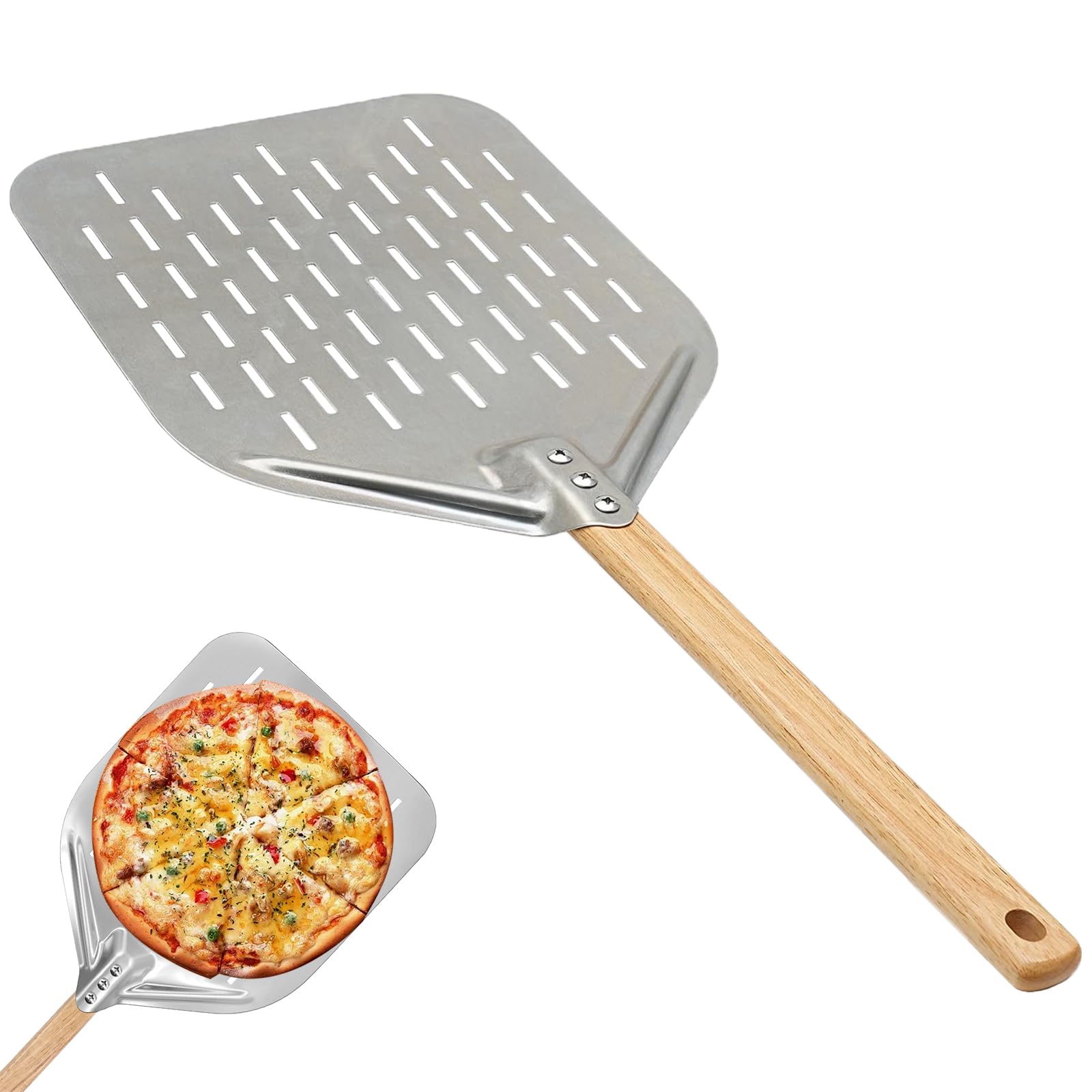 Pala per pizza di alta qualità, 40 x 30 cm, 12 pollici, dimensioni perfette e design perforato per una perfetta cottura della pizza, manico rimovibile (argento)