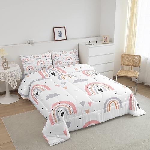 Miniatura 2 de Juego de ropa de cama tamaño Queen con diseño de arco iris para niñas, juego de edredón Kawaii de nube de 3 piezas con 2 fundas de almohada, edredón