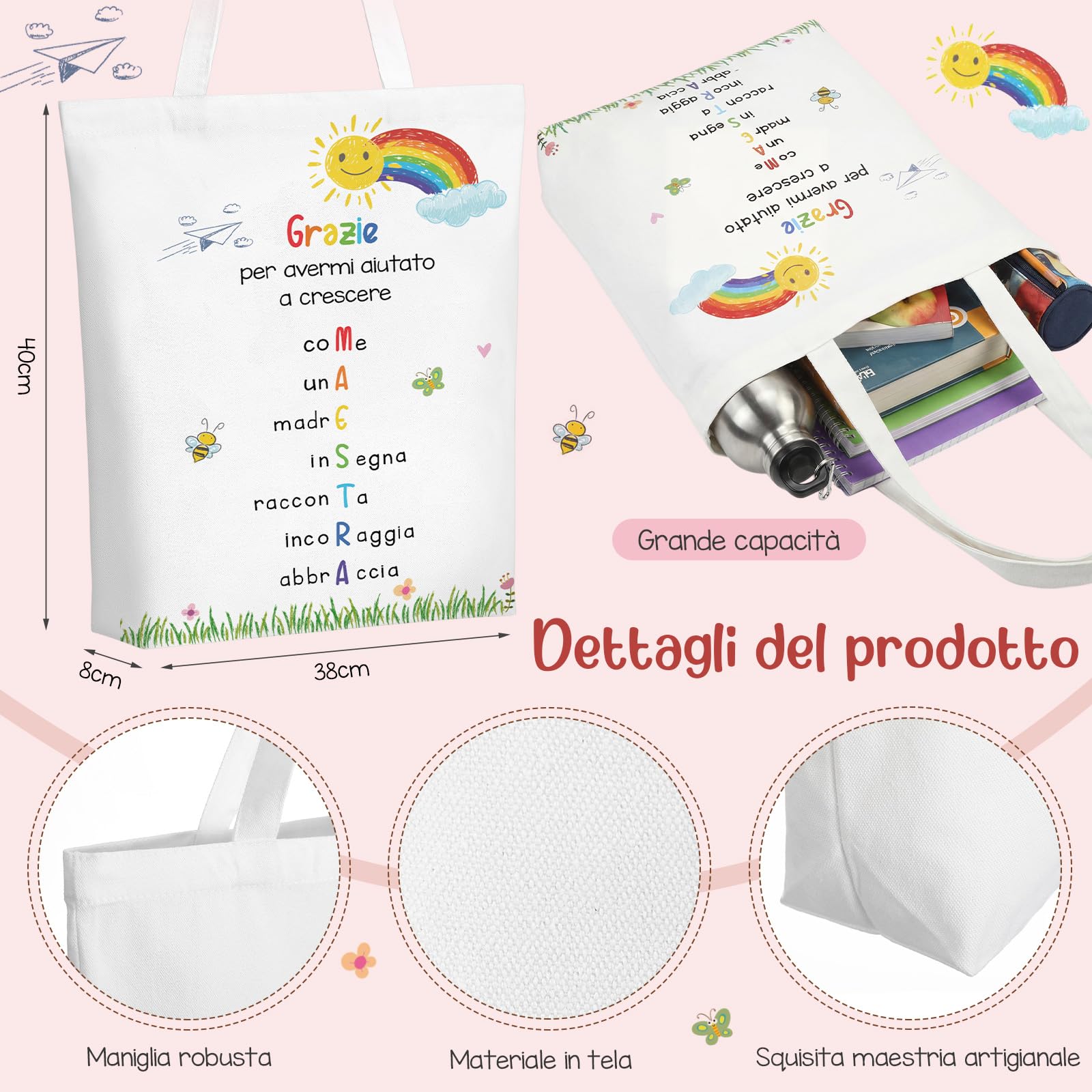 Hestya 5 Pezzi Regalo di Ringraziamento per Insegnante Include Borsa a Tracolla Blocco Note a Spiralato Portatile Portachiavi Segnalibri Penne a Sfera Regalo Maestre Fine Anno