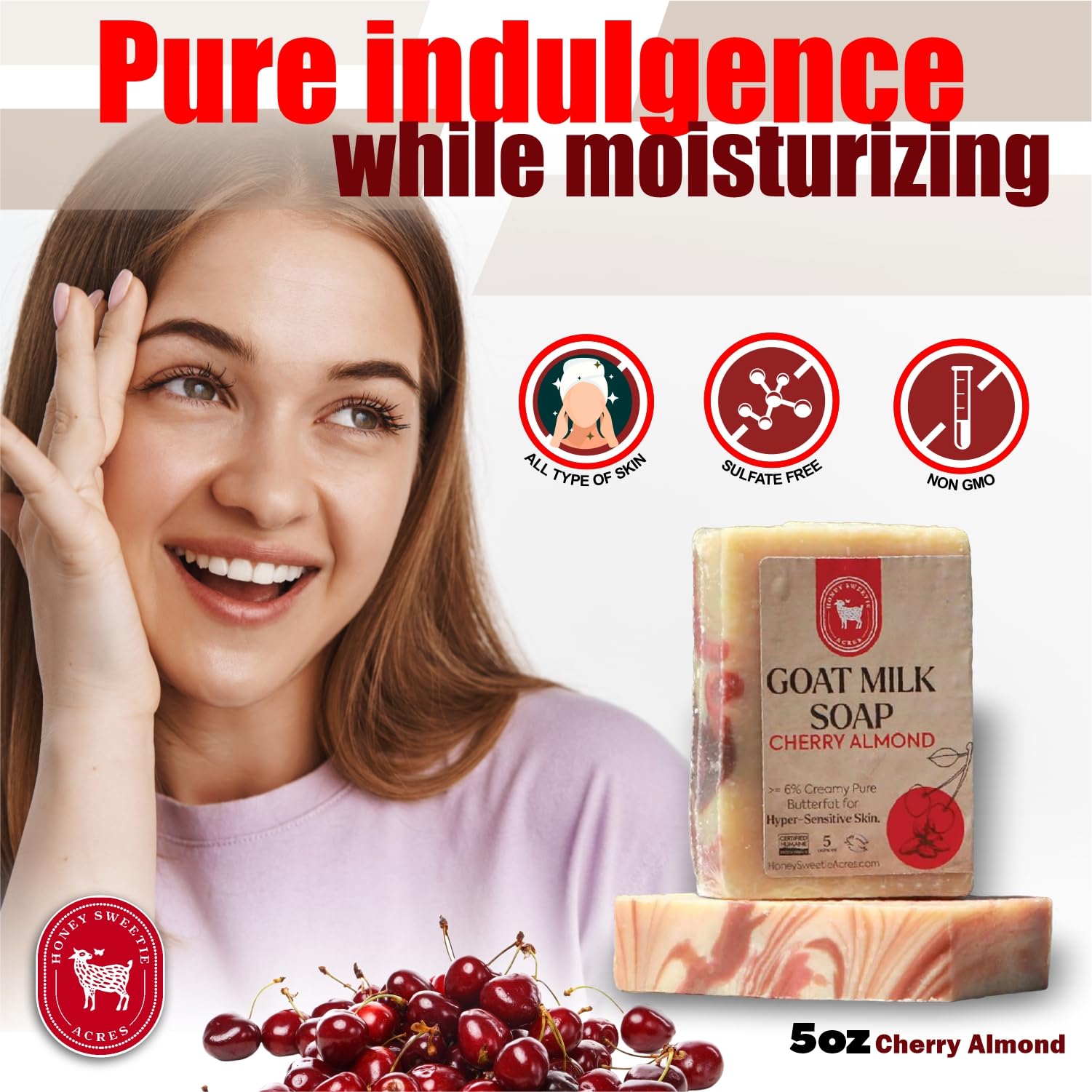 Honey Sweetie Acres Cherry Almond Goat Milk Soap - Handmade 5 oz Bar, Made with Natural Ingredients, Moisturizing & Gentle, Made in the USA