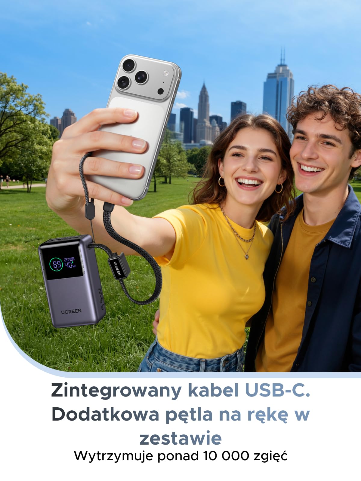 Power bank UGREEN 55W, 10000mAh z wbudowanym kablem, HyperCharge dla Xiaomi, szybkie ładowanie PD 45W, kompatybilny z iPhone'em 17/16/15, szary