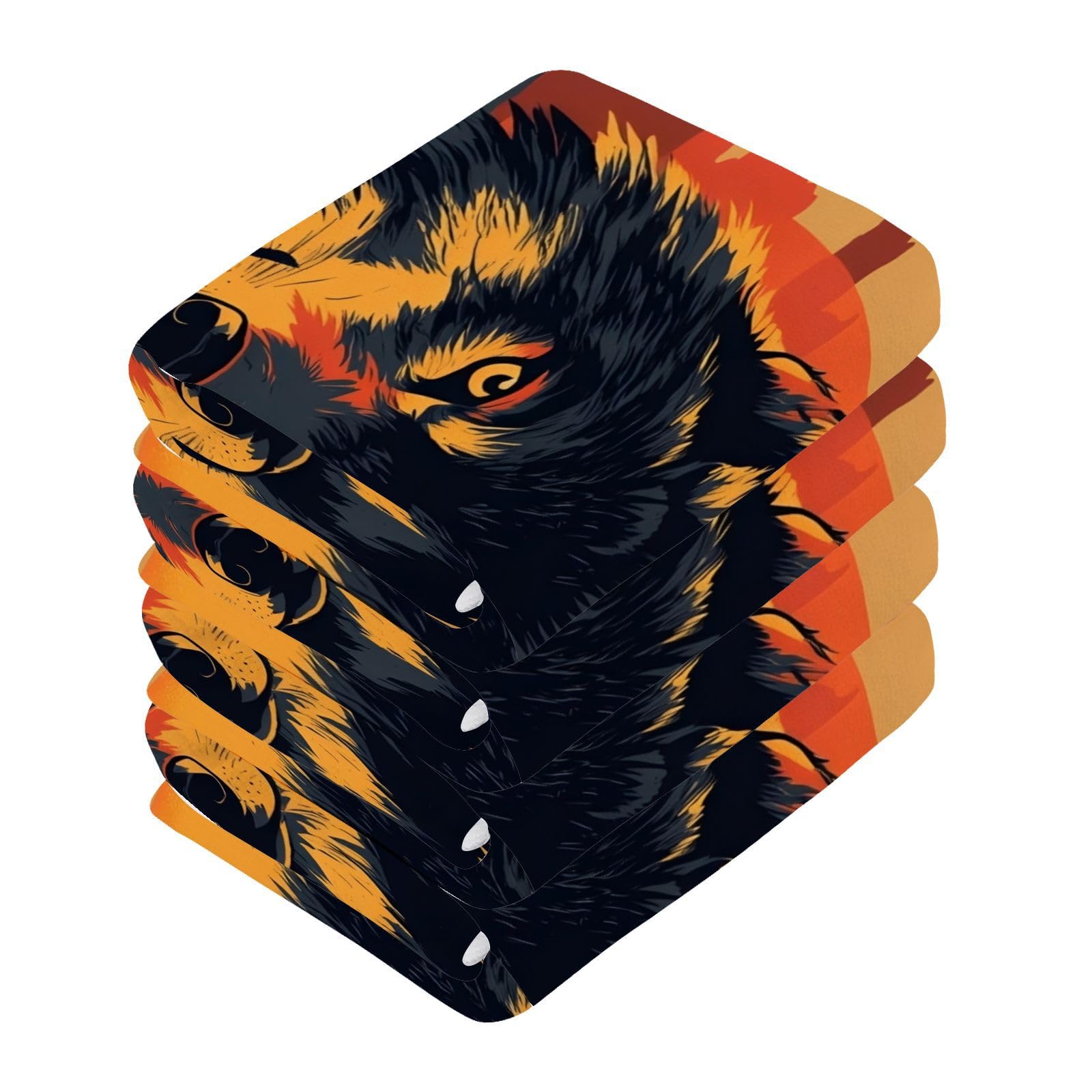 YANENDIE Wolf Head Washcloths Towels, Highly Absorbent and Soft Cotton Face Cloths, 4 Pack Quick Dry Wash Cloths - 12 X 12 Inches