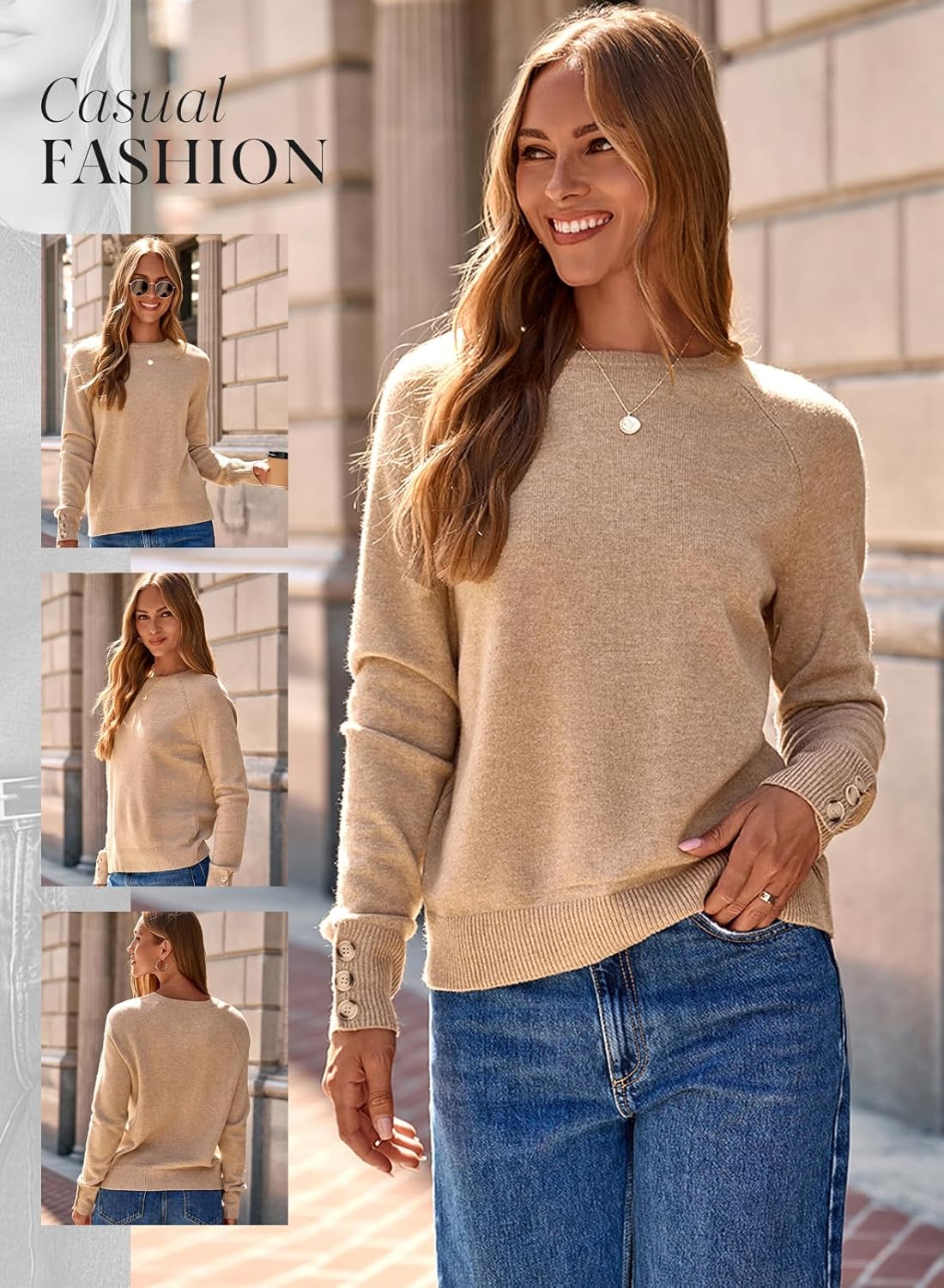 Dokotoo Womens Sweaters Casual Long Sleeve Fashion Crewneck Knit Solid Button Pullover Sweater Jumper Tops - Image 4