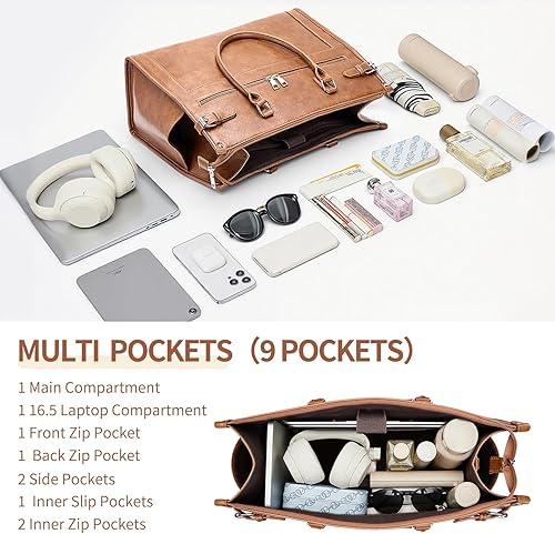 Miniatura 5 de Bolsa de mano para computadora portátil para mujer, maletín para laptop, bolsas de trabajo para computadora de 15.6 pulgadas con bolso Marrón,Marrón