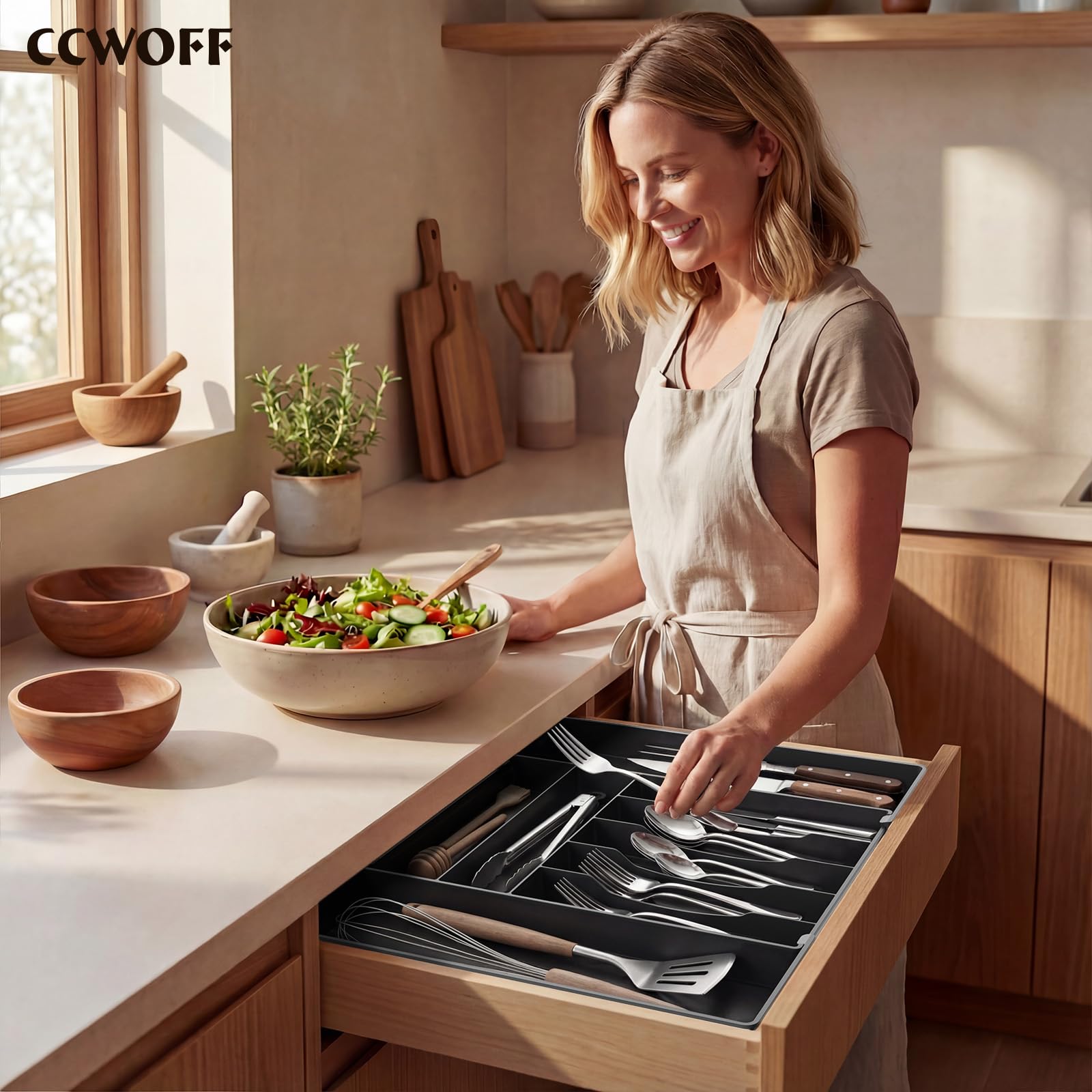 Organizzatore di argento extra grande, Organizzatore di cassetto da cucina espandibile a 9 slot, Portautensili nero