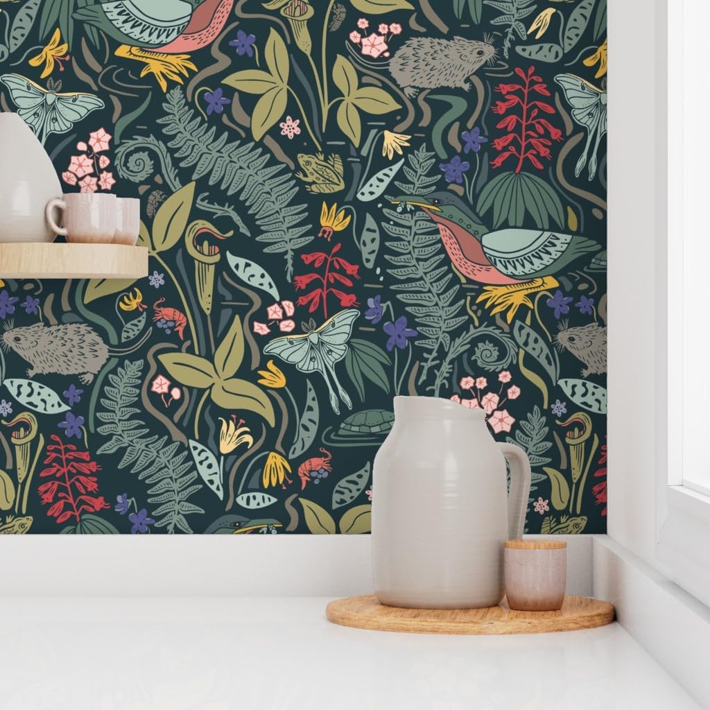 Spoonflower Removable Wallpaper 12ft x 2ft - Maximalist Botanical Nature Floral Woods Forest Wetland Plants Frog Eno Moth Cicada Custom Pre-Pasted Wallpaper