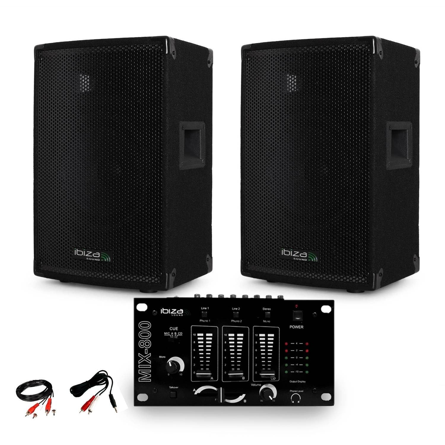 Paire d'enceinte Sono passive IBIZA DISCO10B TRAPEZOIDALE 10" 800W BassReflex + Table de Mix + Câble PC