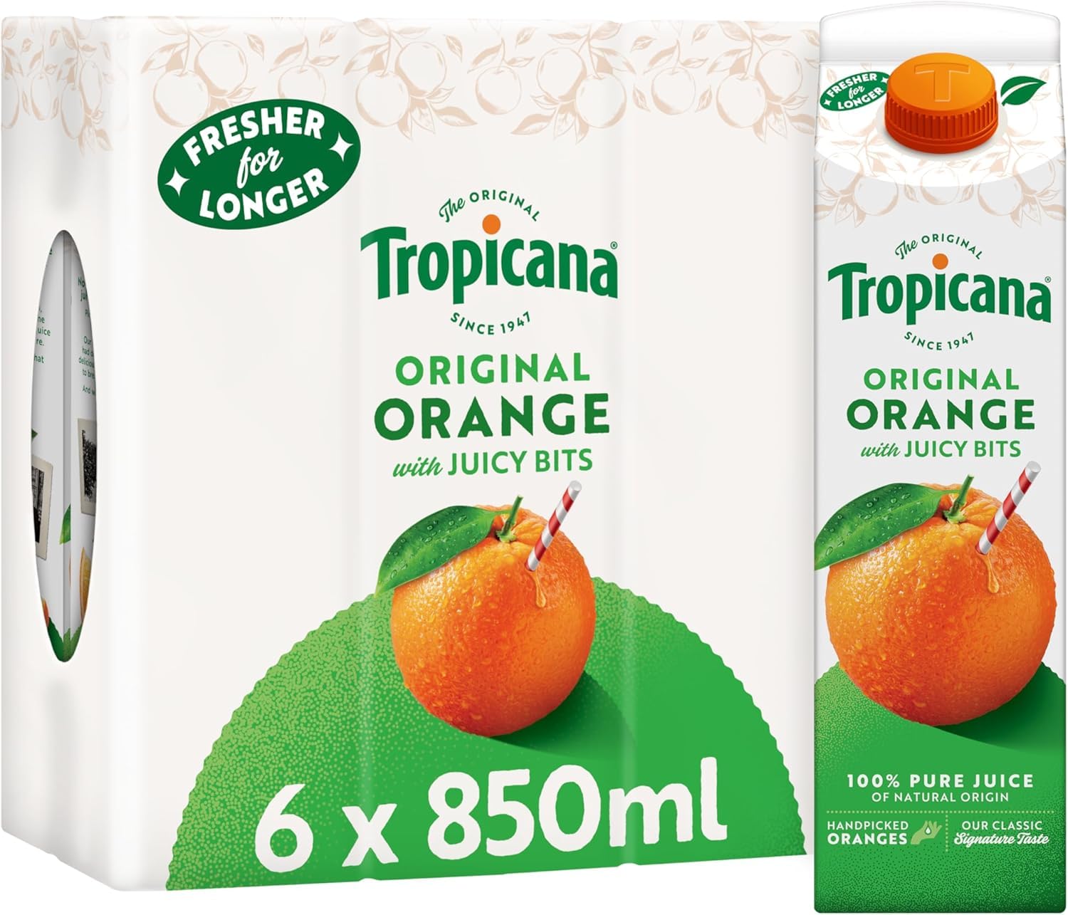 Tropicana - Orange Fruit Juice with Bits - Long Life Pure Orange Juice, No Added Sugar, No Added Artificial Flavours with Vitamin C - Breakfast Drink - 6 x 850ml