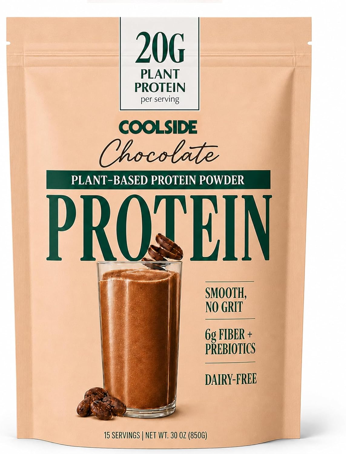 Coolside Vegan Protein Powder, Prebiotic Fiber & Superfoods | Chocolate | 20g Plant Based Protein Powder for Women & Men | Non Whey | Dairy Free | Naturally Sweetened | Gluten Free | 15 Serv