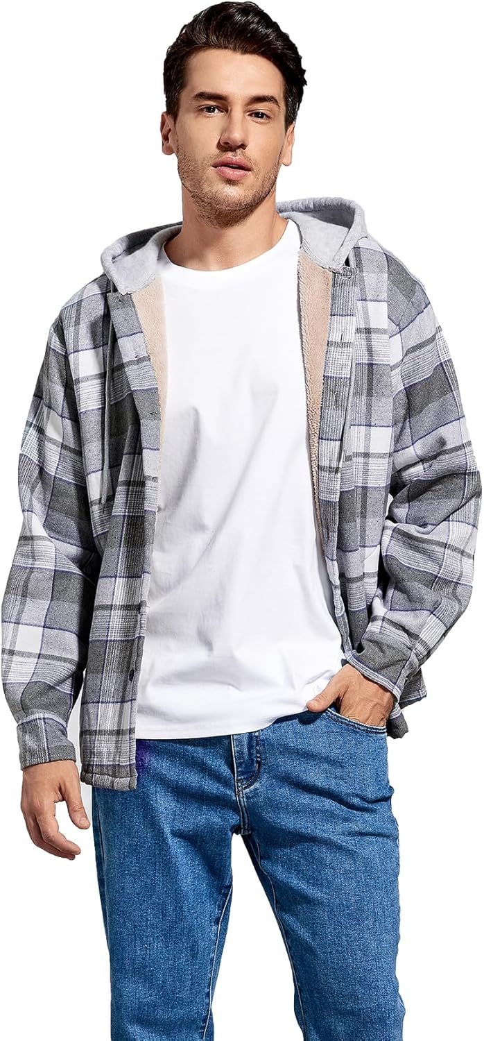 Men's Cotton Plaid Shirts Jacket Fleece Lined Flannel Shirts Sherpa Button Down Jackets with Hood for Men - Image 4