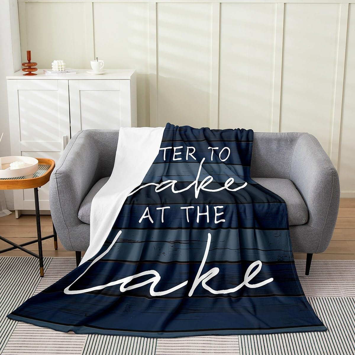 Feelyou Lake Word Art Flannel Fleece Throw Blanket,All Season 12 Hooks Rustic Farmhouse Bed Blanket Lake House Wooden Navy Blue Fuzzy Blanket for Bed