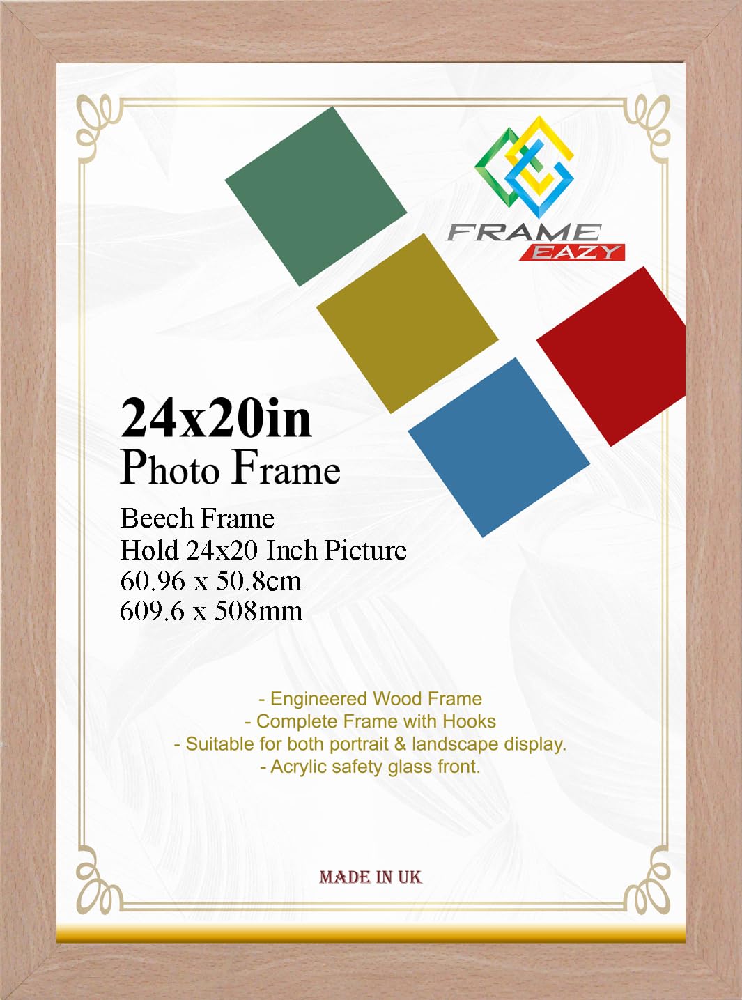Modern Beech Frame 24 x 20 Inch (60.96 x 50.8cm) Large Picture Poster Frames with Safe Clear Perspex Front & Wall Mounting - 20" x 24" Premium Wall Photo Frames
